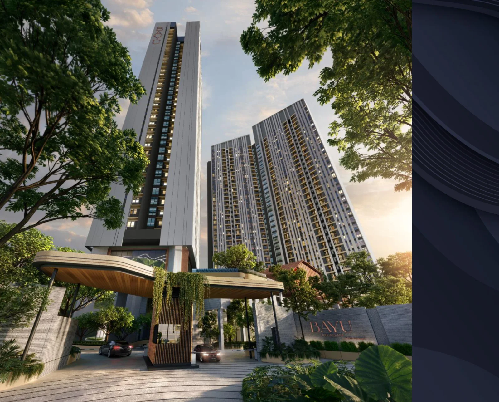 Residensi Bayu Damai entrance pavilion with the two towers behind, artist's impression