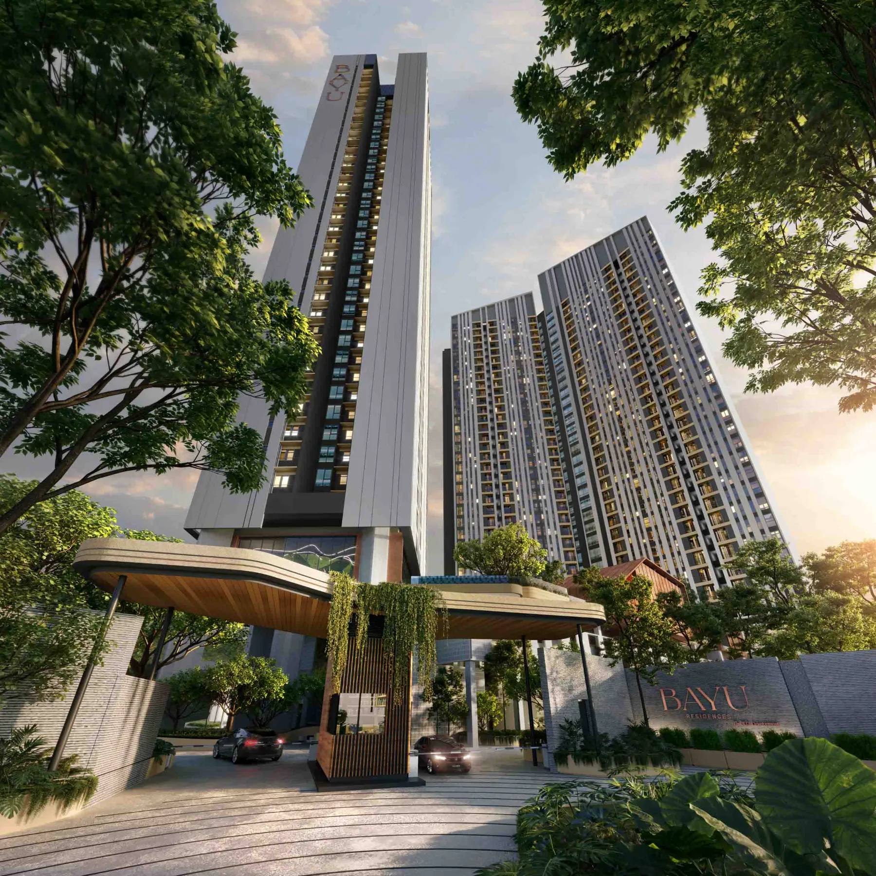 Residensi Bayu Damai entrance pavilion with the two towers behind, artist's impression