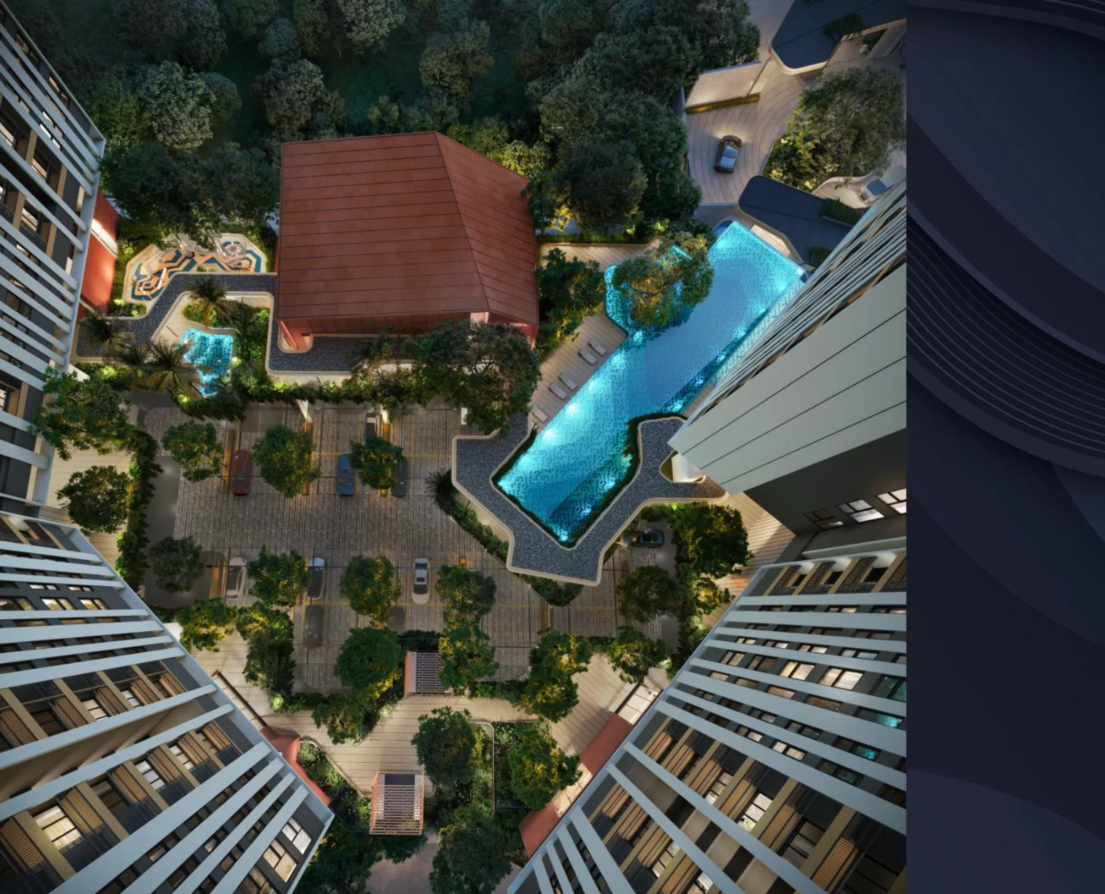 Residensi Bayu Damai podium gardens and pool seen from above, artist's impression