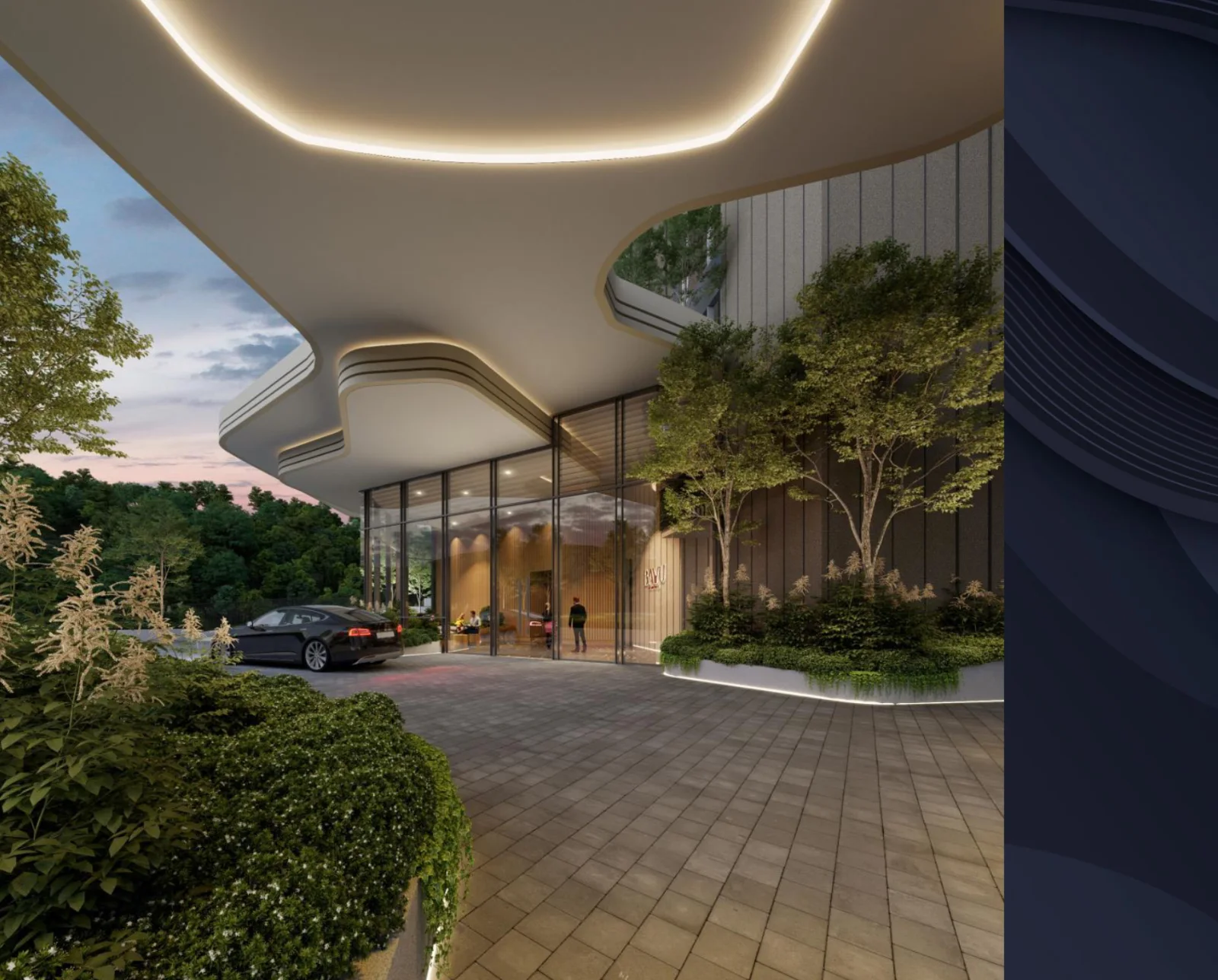 Residensi Bayu Damai drop-off with a curved canopy and garden planting, artist's impression