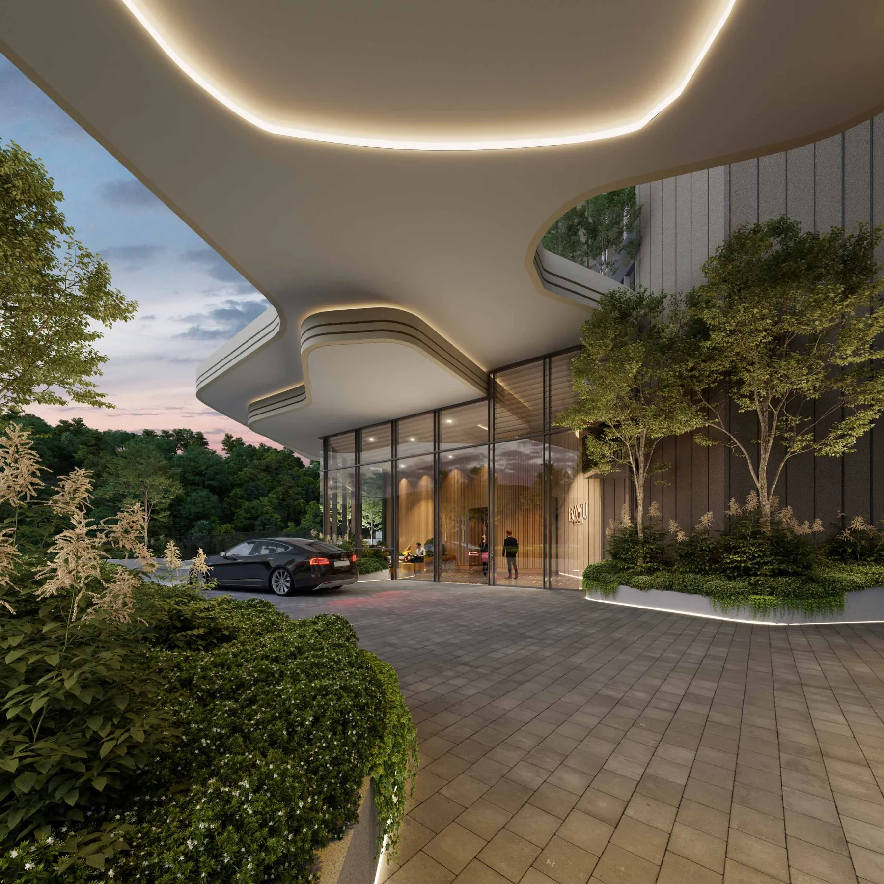 Residensi Bayu Damai drop-off with a curved canopy and garden planting, artist's impression