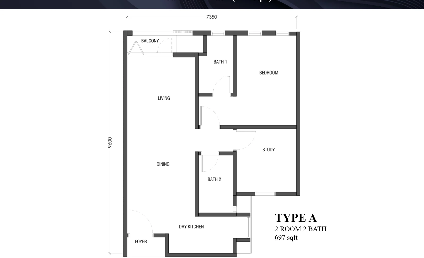 Residensi Bayu Damai floor plan Type A, 697 sq ft, 2 bed, 2 bath