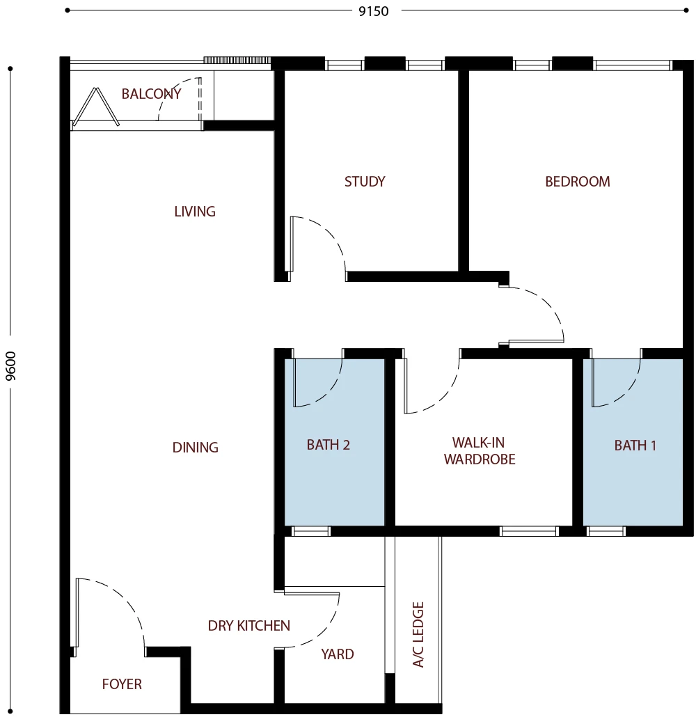Residensi Bayu Damai floor plan Type B, 834 sq ft, 3 bed, 2 bath