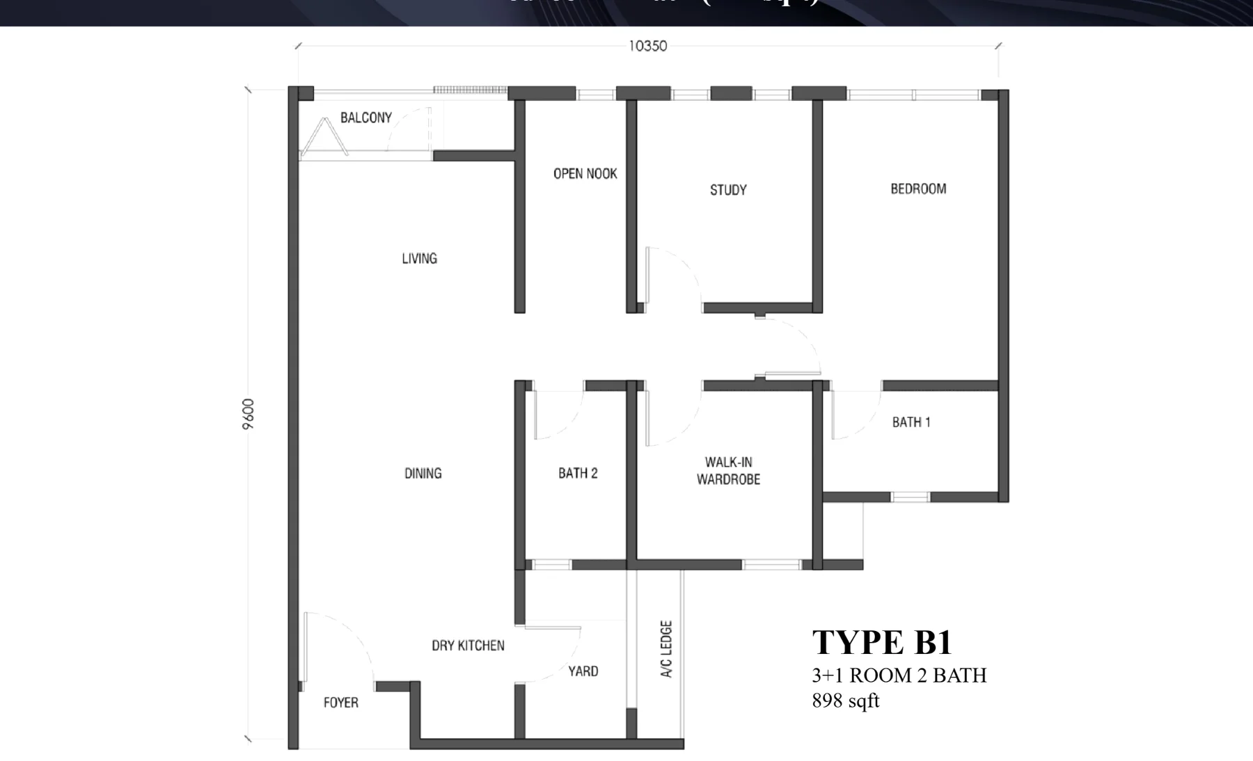 Residensi Bayu Damai floor plan Type B1, 898 sq ft, 3+1 bed, 2 bath
