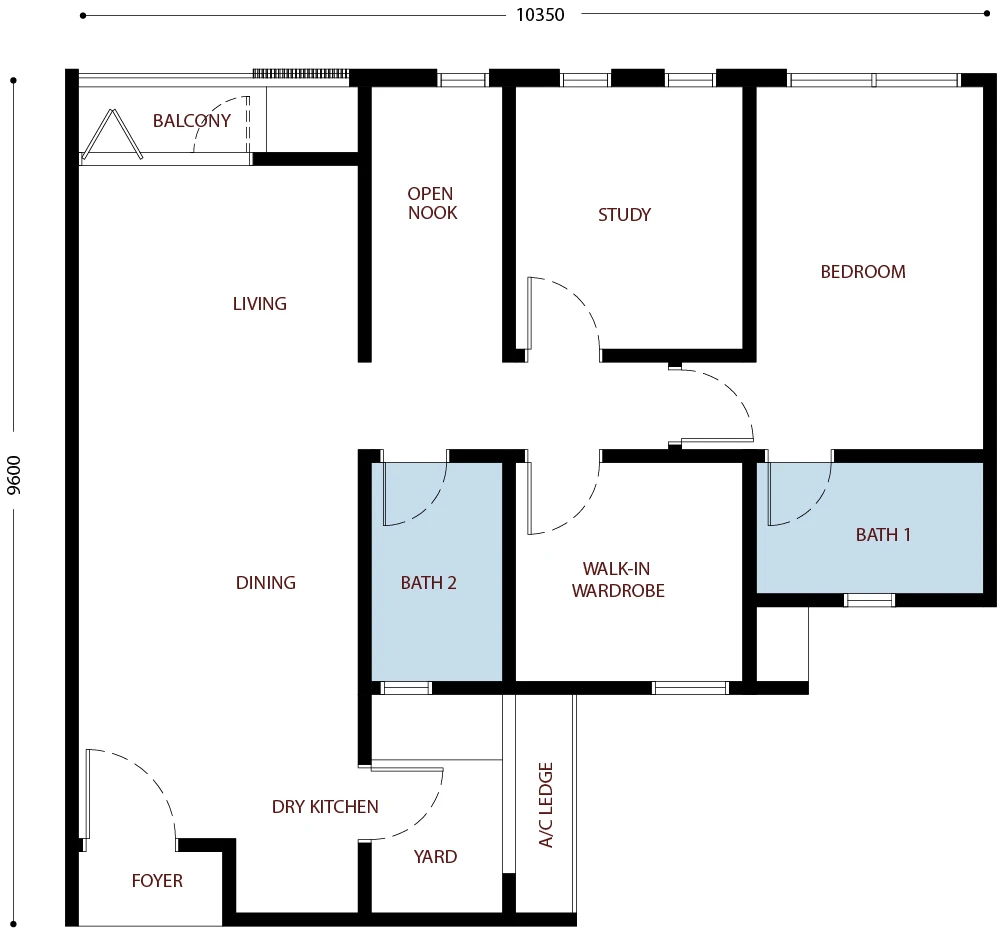 Residensi Bayu Damai floor plan Type B1, 898 sq ft, 3+1 bed, 2 bath