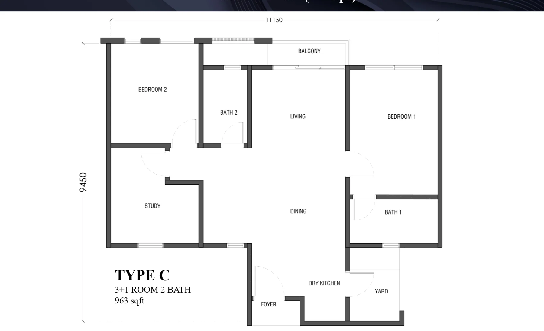 Residensi Bayu Damai floor plan Type C, 963 sq ft, 3+1 bed, 2 bath