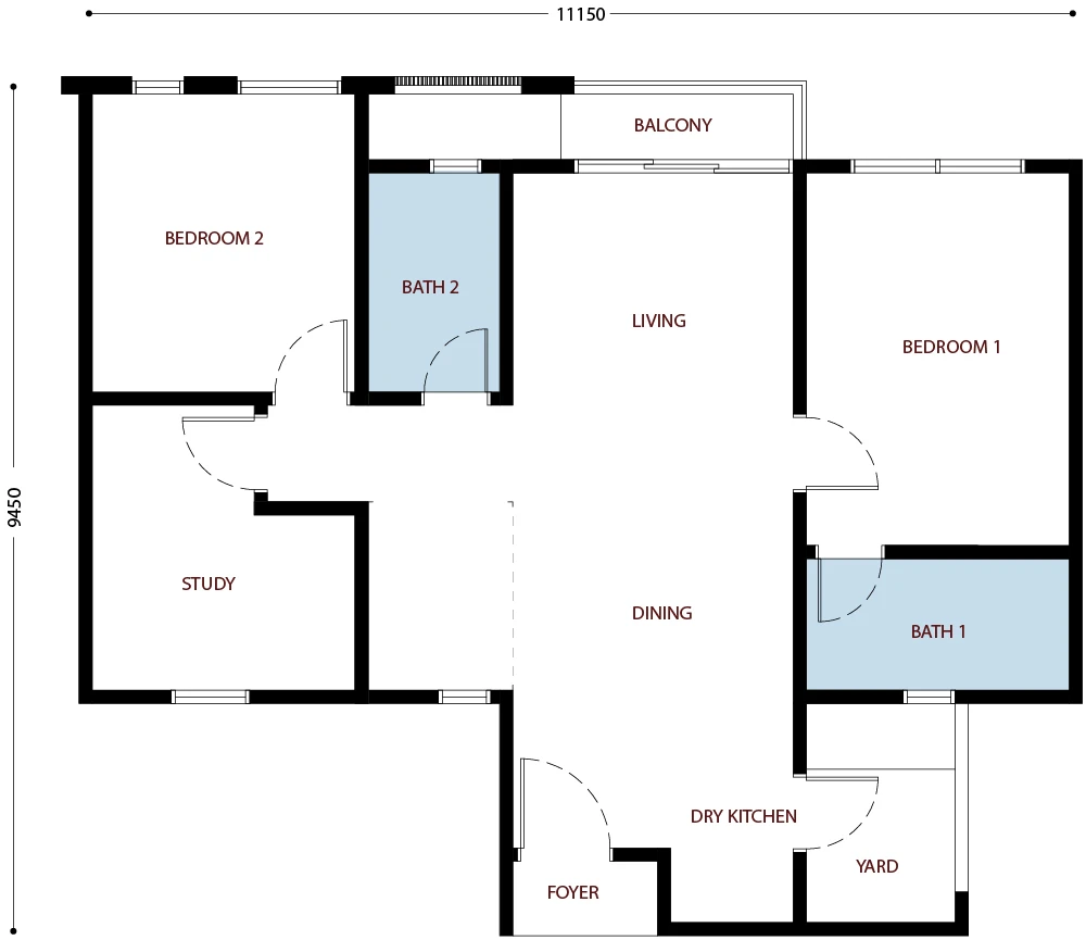 Residensi Bayu Damai floor plan Type C, 963 sq ft, 3+1 bed, 2 bath